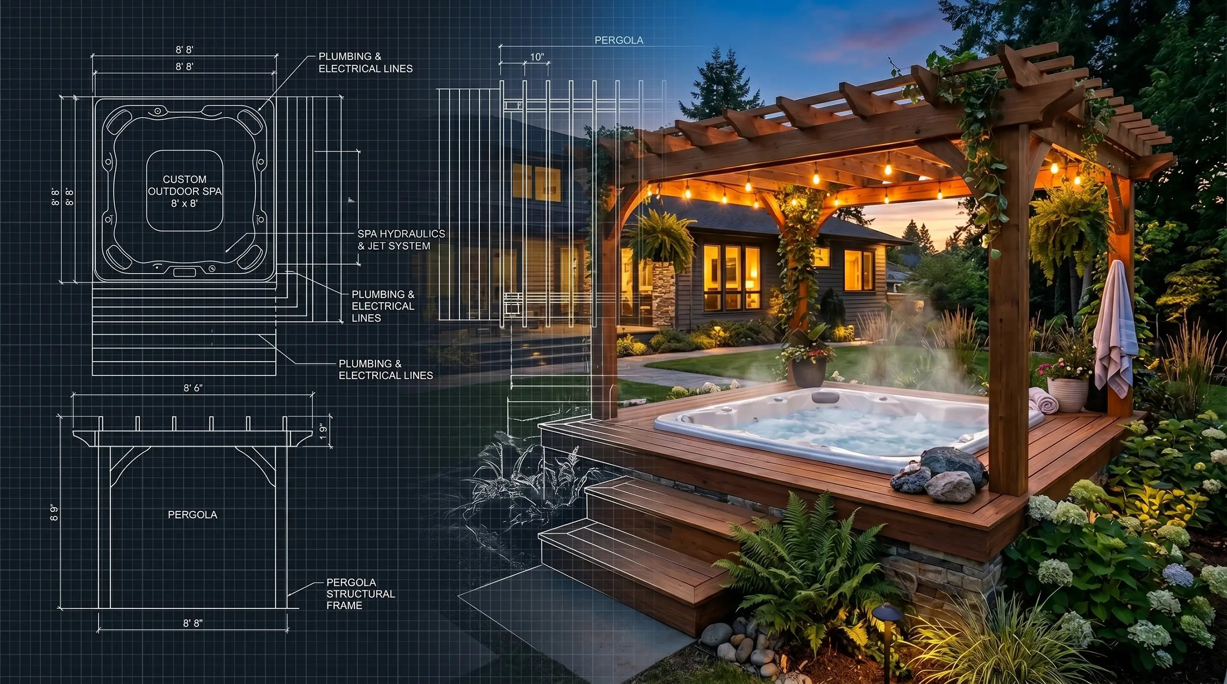 Outdoor hot tub with garden and architectural plans overlay