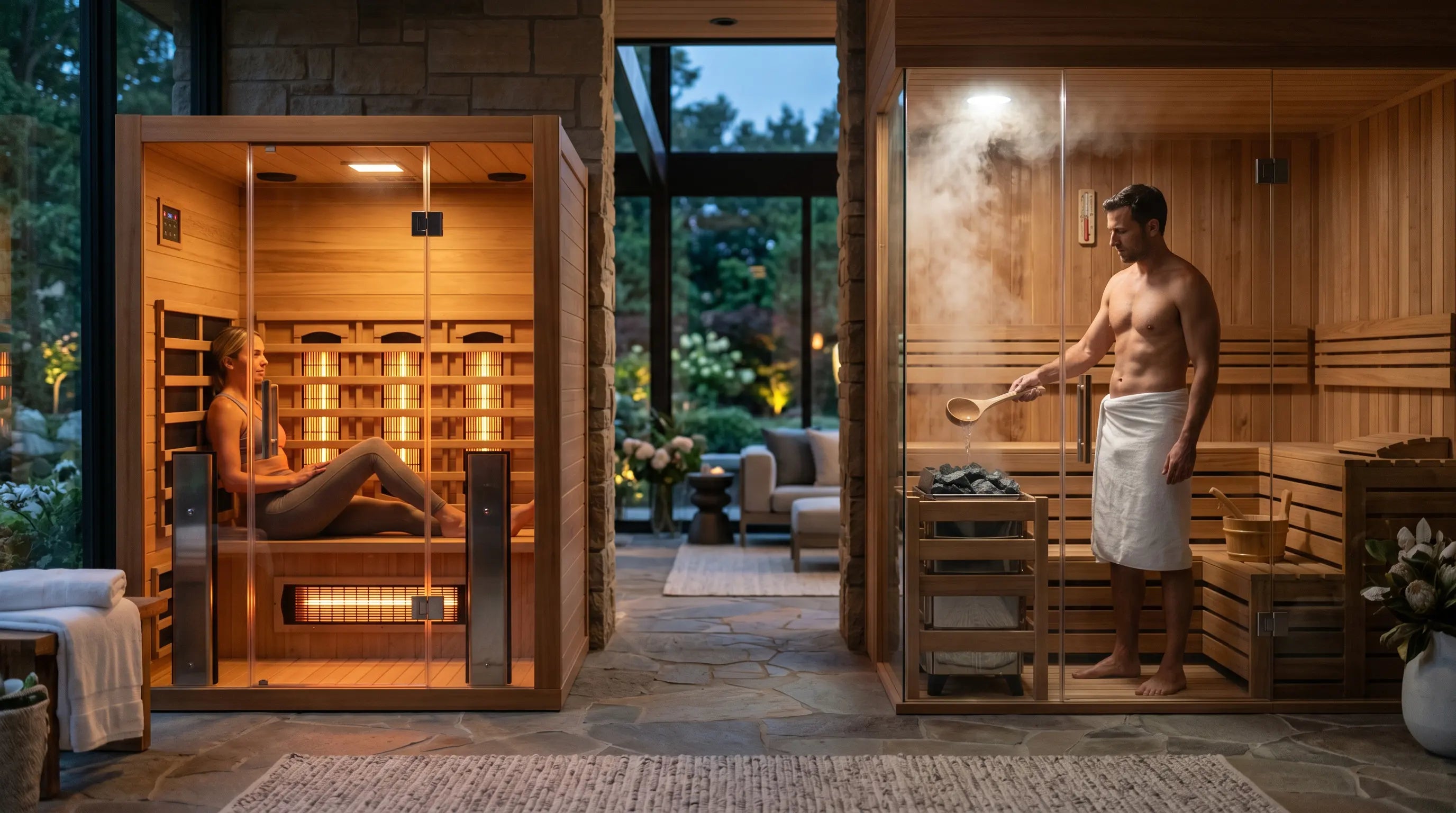 Infrared sauna and steam sauna side by side for an infrared sauna vs steam sauna comparison.