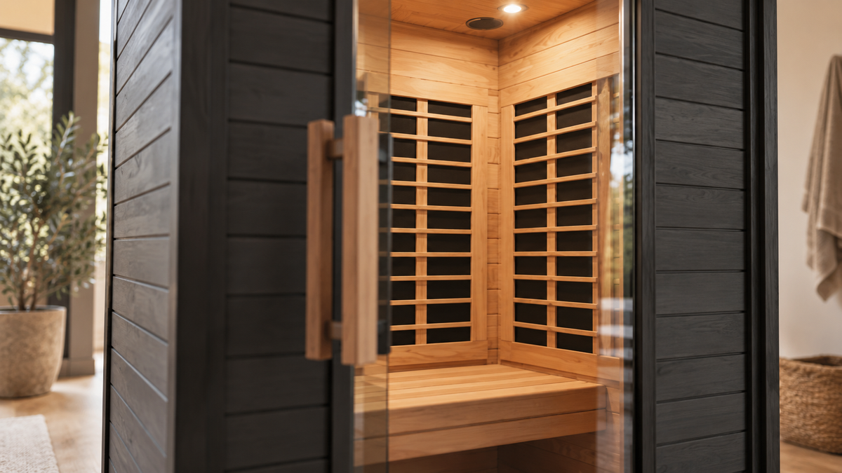 Editorial detail of an infrared heater panel and wooden guards in a Sun Home Equinox sauna