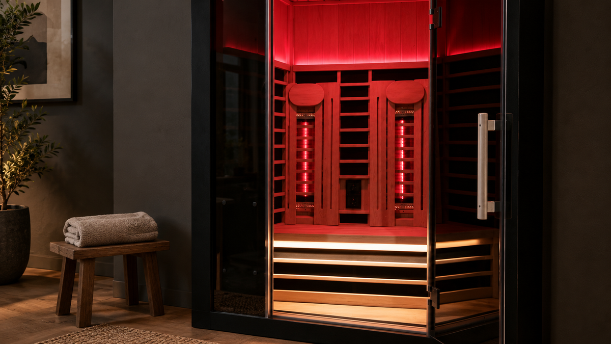 Illustrative close view into a Sun Home Eclipse 2 sauna with its red light panels