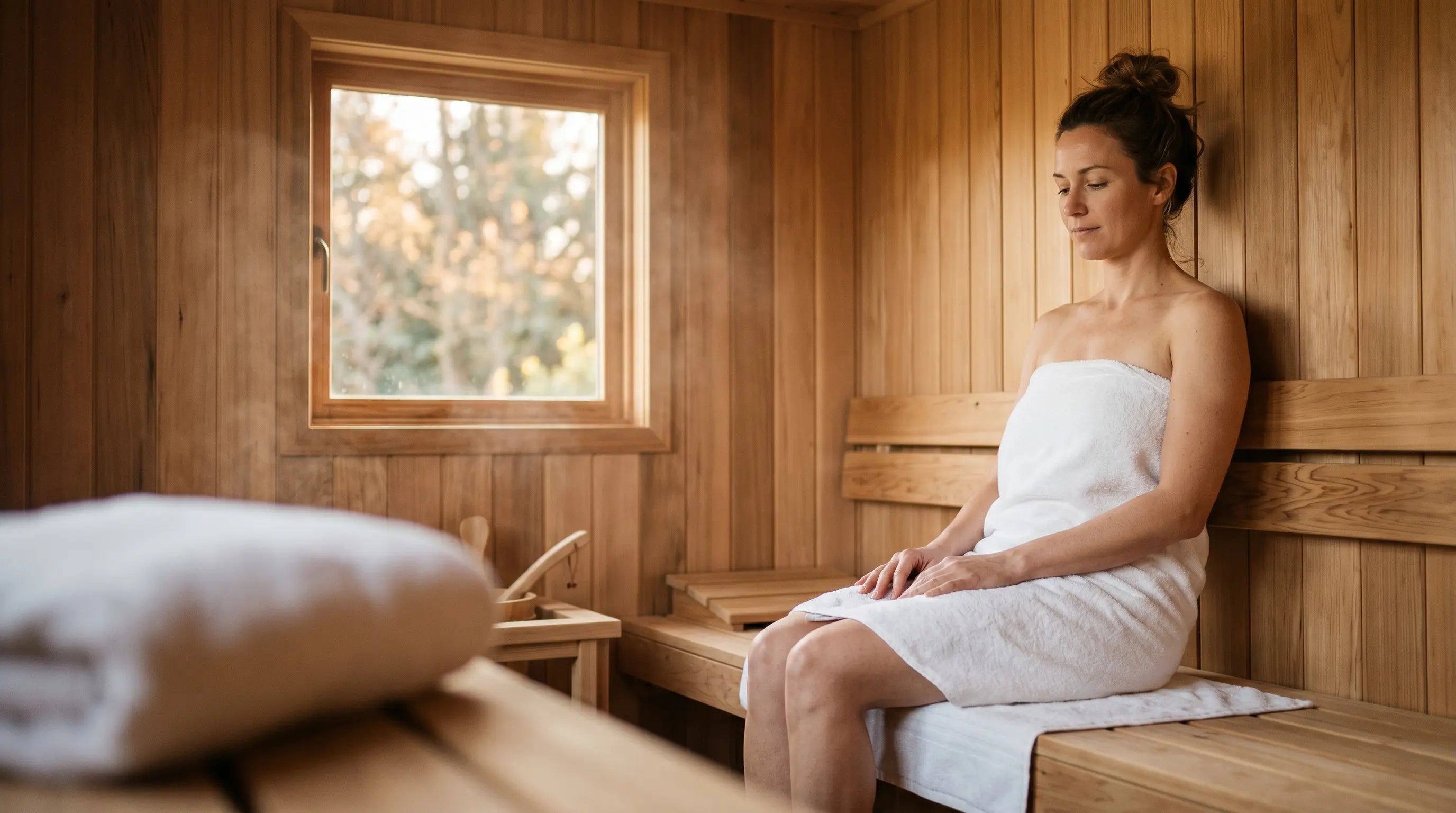 Woman wrapped in a towel in a cedar sauna, a simple example of what to wear in a sauna.