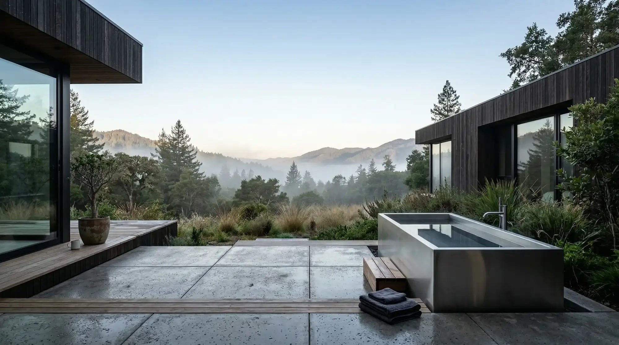 Modern outdoor living space with a pool, deck, and mountain view.