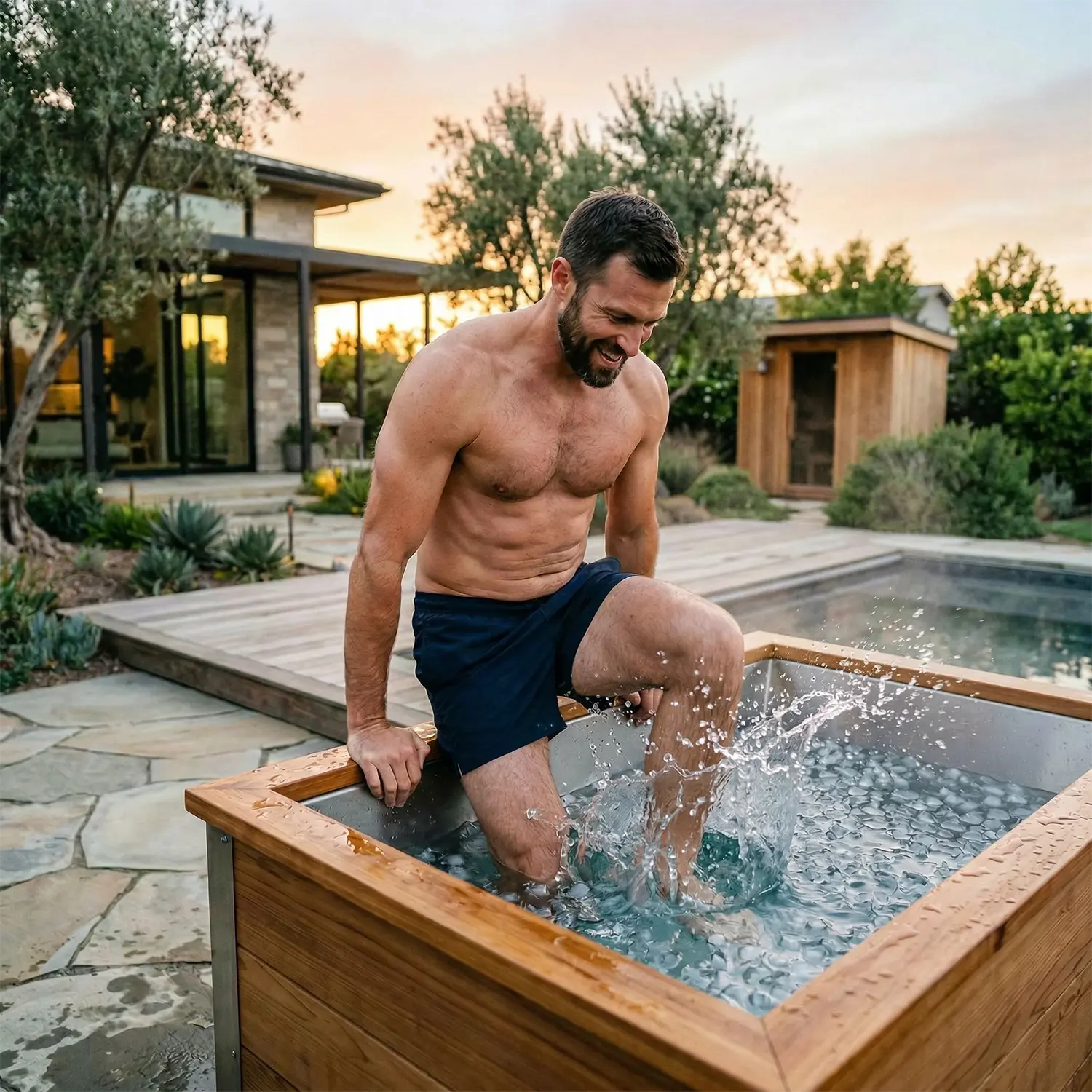 Man stepping into an outdoor cold plunge tub filled with ice water beside a modern home