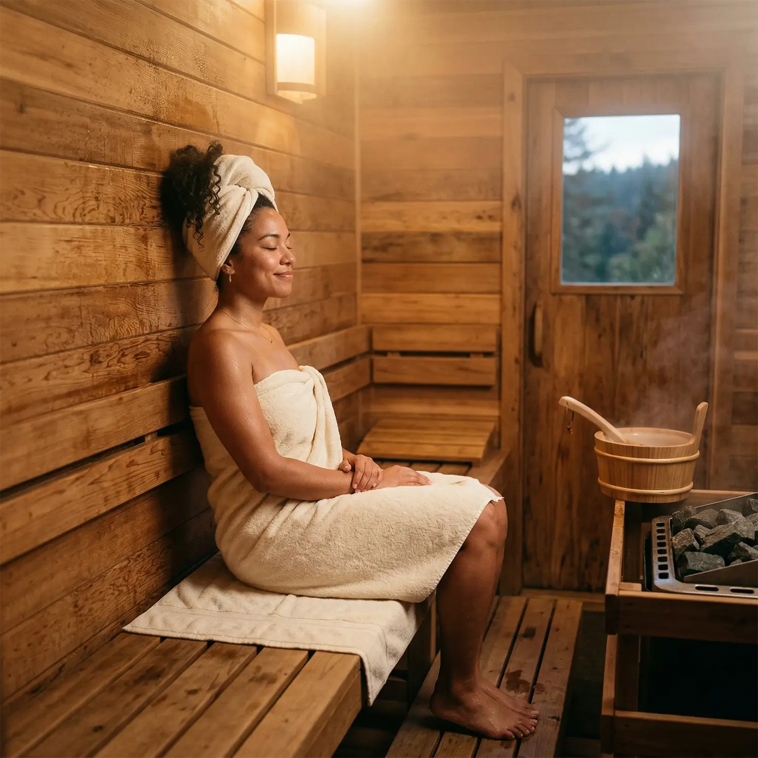 Woman wrapped in a towel relaxing inside a wooden sauna beside a heater and steam