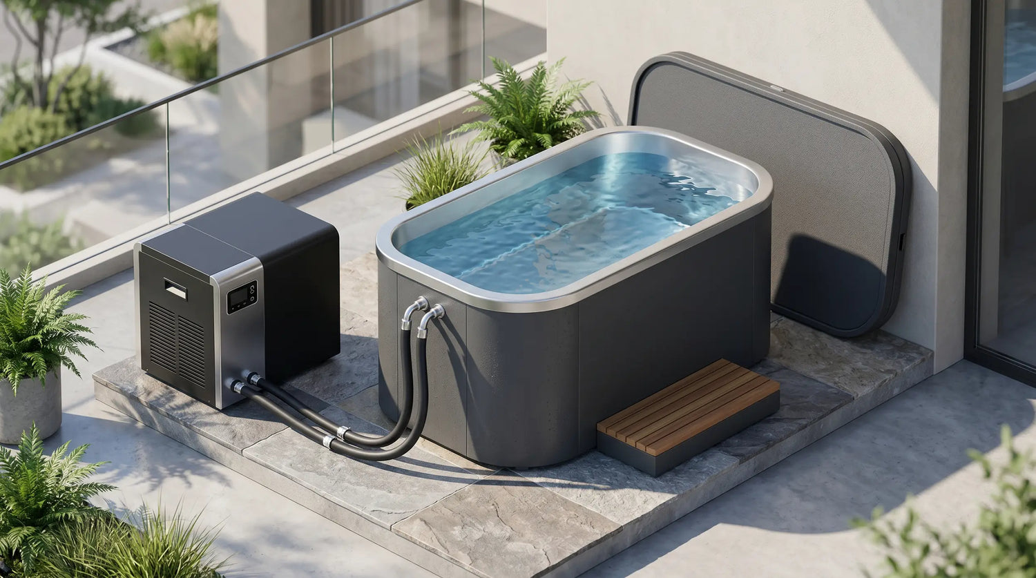 Cold plunge tub with external chiller connected by hoses, set on a modern outdoor patio with stone flooring and glass railing