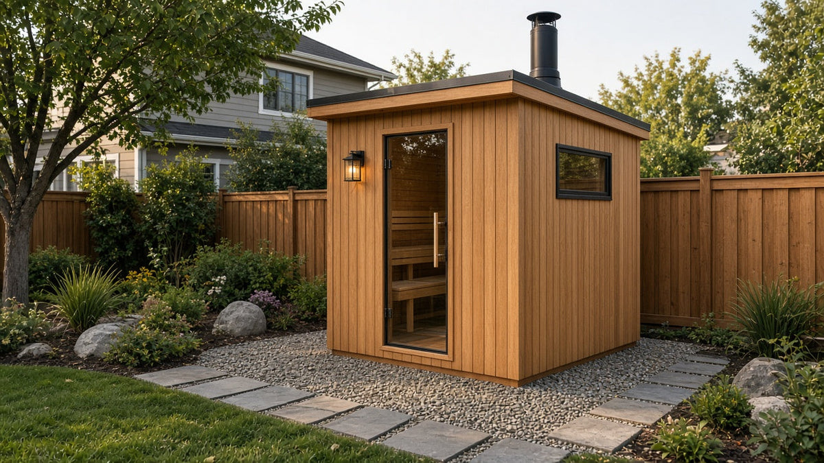 Cedar cabin sauna with a glass door, small window and stove pipe on a gravel pad in a landscaped suburban backyard