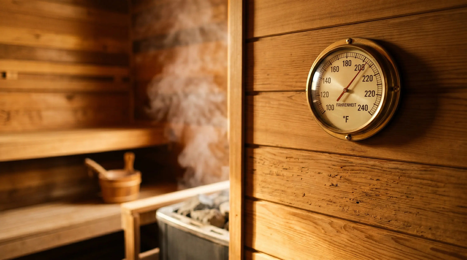 Premium cedar sauna interior with wall thermometer and steam showing ideal sauna temperature