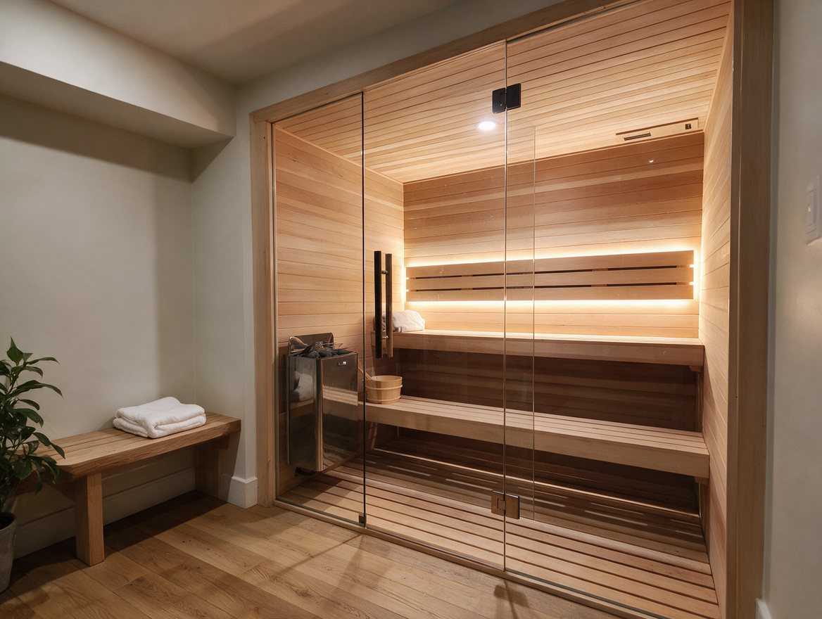 Indoor traditional cedar sauna with glass front and lit benches in a finished US basement