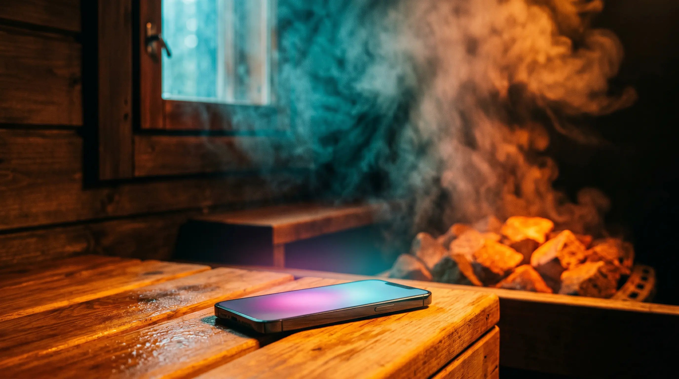 A glowing phone amid steam in a cedar sauna, illustrating whether you can take your phone in a sauna.