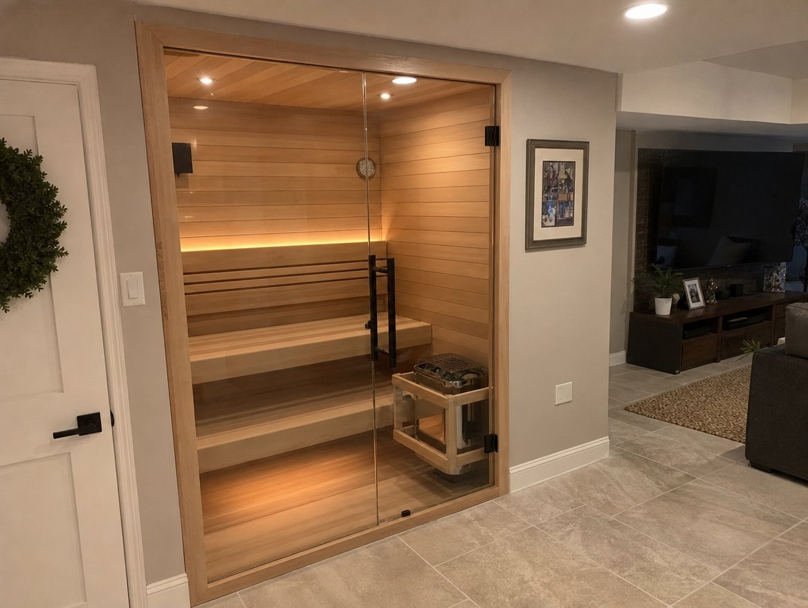Finished small indoor glass-door sauna in the corner of a finished basement