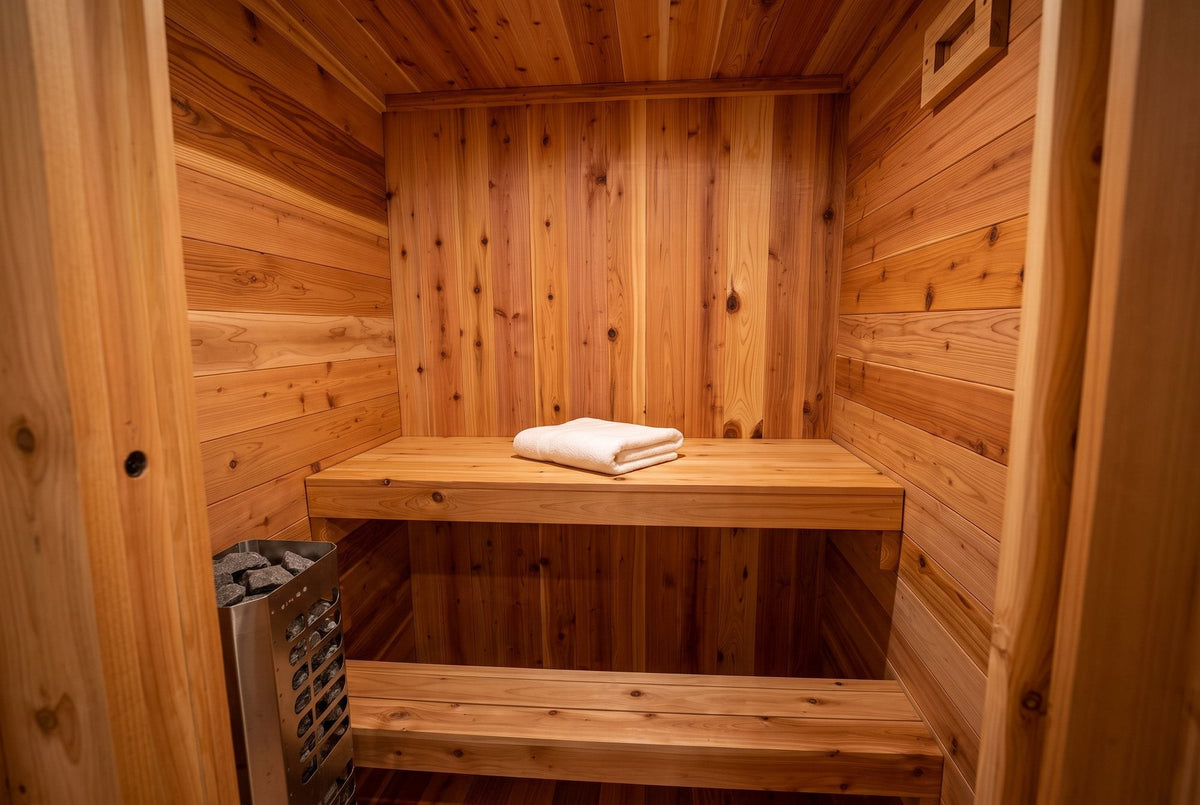 Inside a Western Red Cedar home sauna with clear cedar benches, towel and electric heater