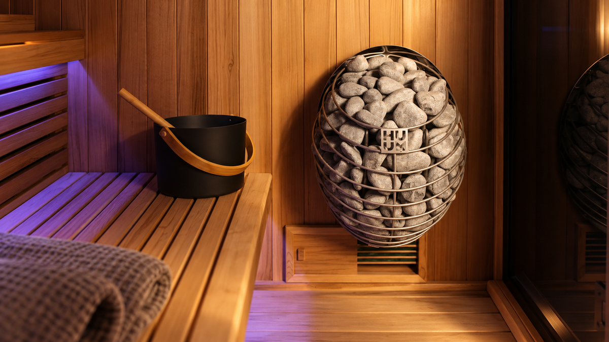 Editorial detail of the HUUM DROP heater and stones in a Sun Home Nova sauna