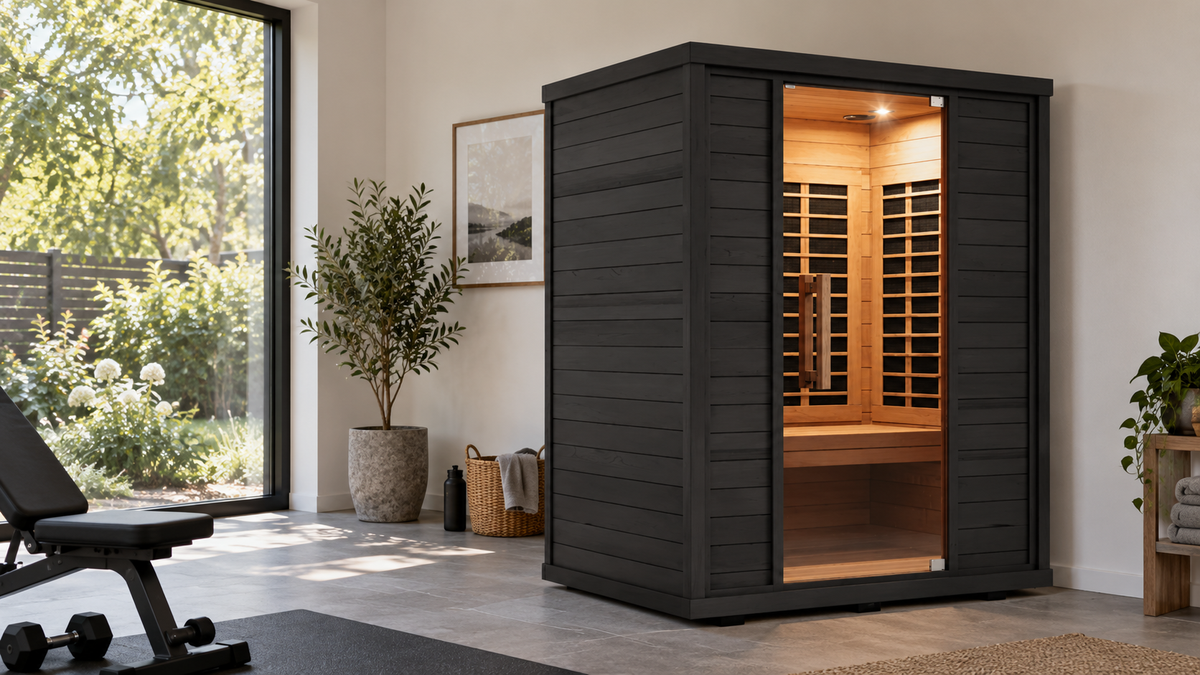 Illustrative Sun Home Equinox 2 sauna in a home exercise room, viewed from the left