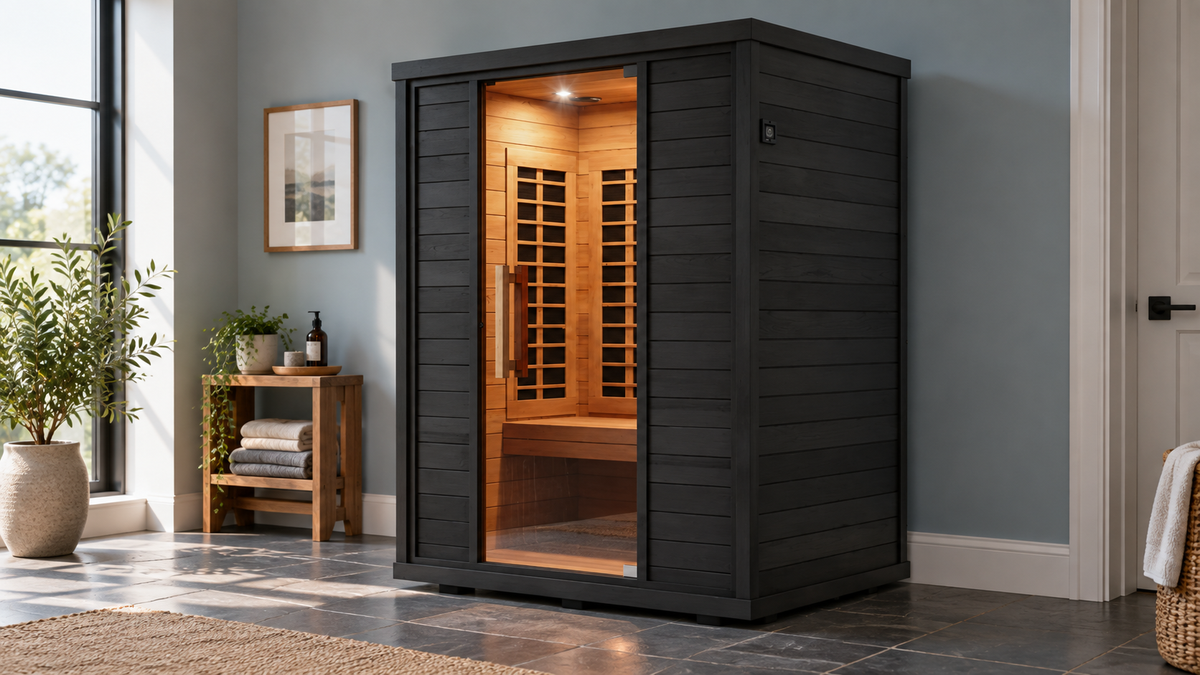 Illustrative Sun Home Equinox 2 sauna in a home room, viewed from the right
