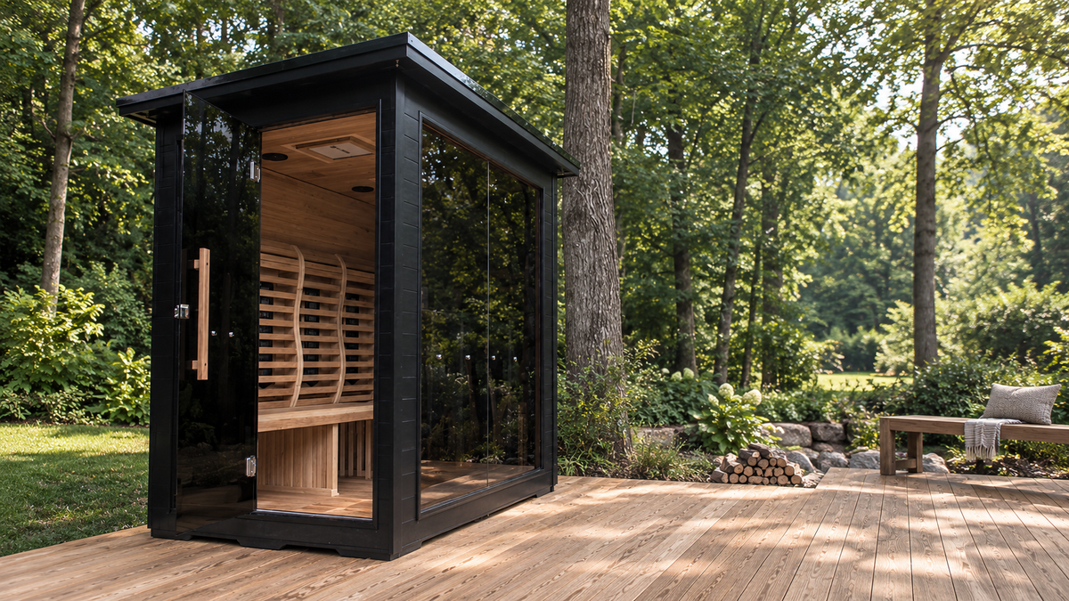 Illustrative Sun Home Luminar 5 sauna with an open door on a wooded deck