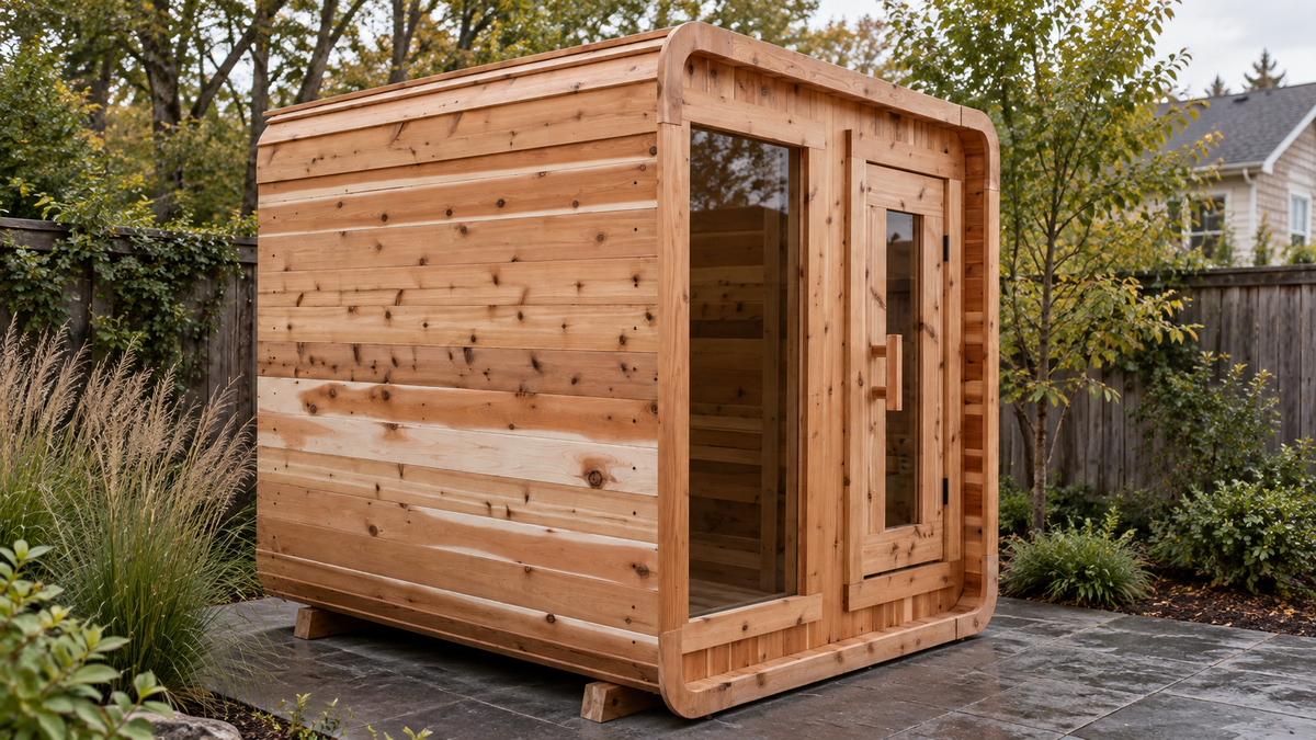 Illustrative Sweat Kingdom Sweat Cabin in a residential backyard, viewed from the side