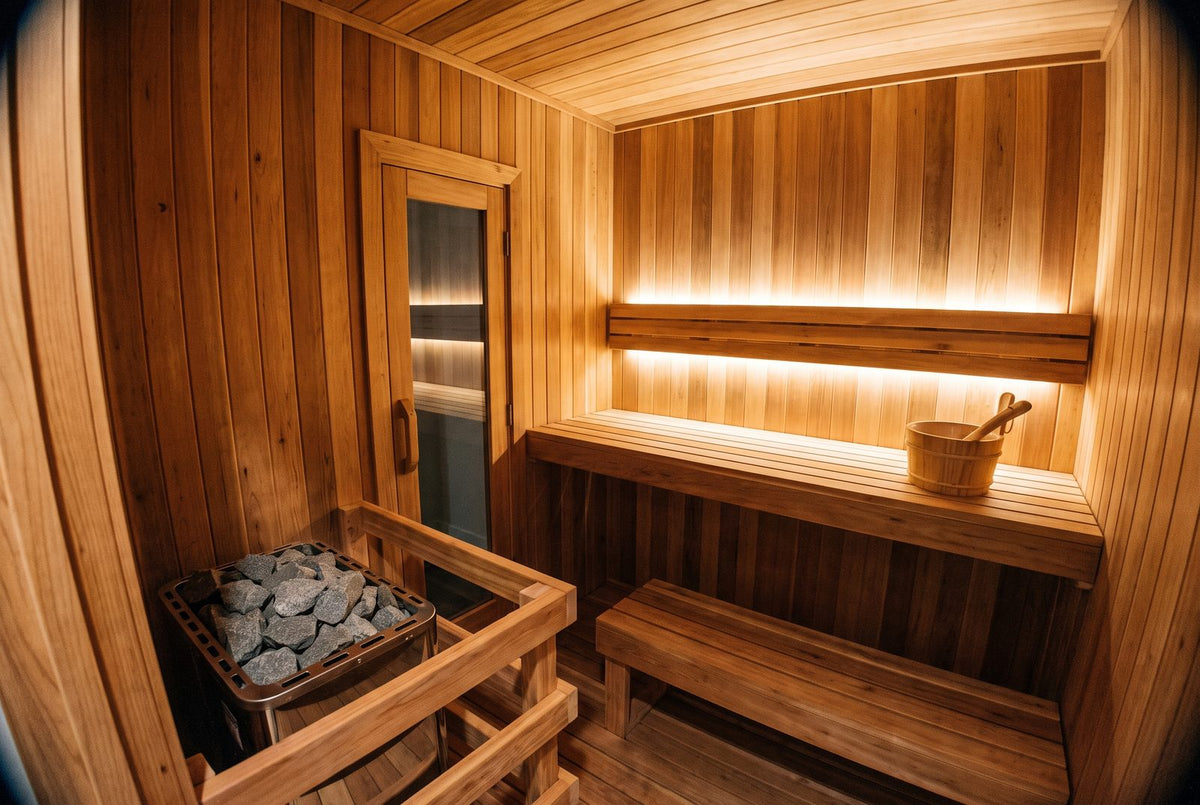 Finished indoor home sauna with cedar walls, a two tier bench, an electric heater full of stones behind a guard rail, and a glass door