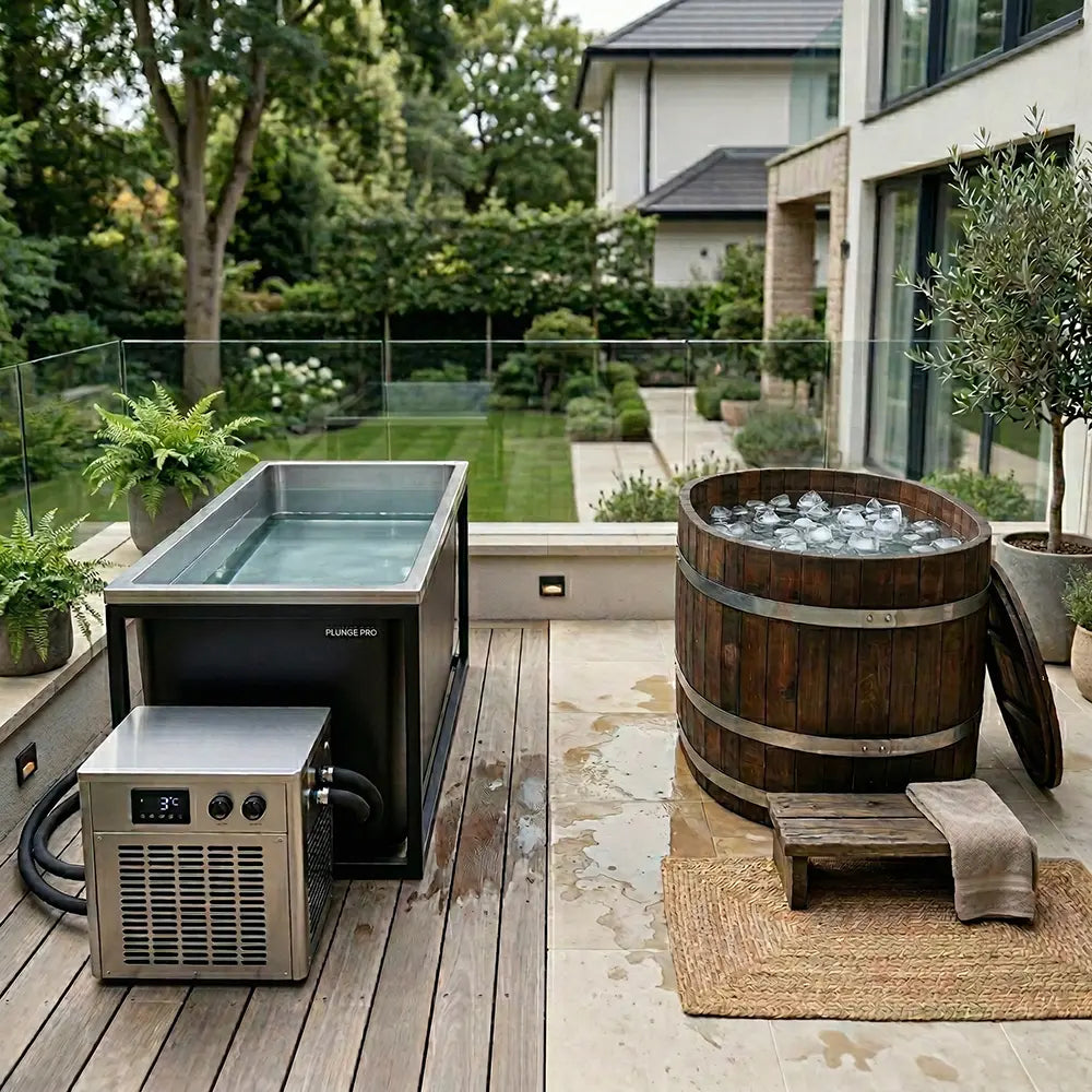 Cold plunge tubs on a modern home patio with an outdoor cold plunge tub, ice barrel, and chiller unit.