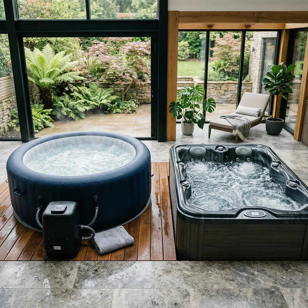 Small hot tubs in an indoor spa room, including a round inflatable tub beside a square acrylic model.