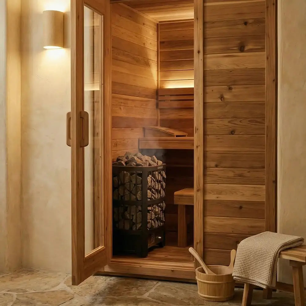 Traditional sauna for home with a glass door, wood benches, and a stone heater in a compact indoor layout. A warm traditional home sauna design suited for 1 person use or a small 2 person traditional sauna.