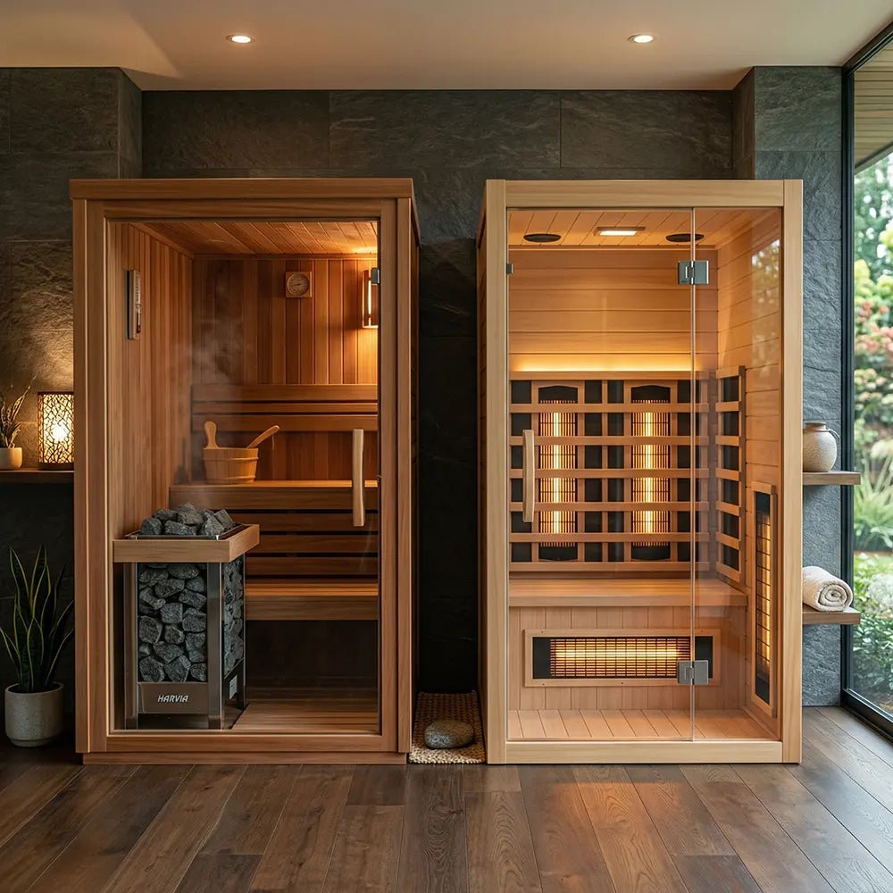 Indoor saunas for home showing traditional and infrared models side by side in a modern room. Useful for comparing indoor sauna kits, small indoor saunas, and 1-2 person indoor sauna options.