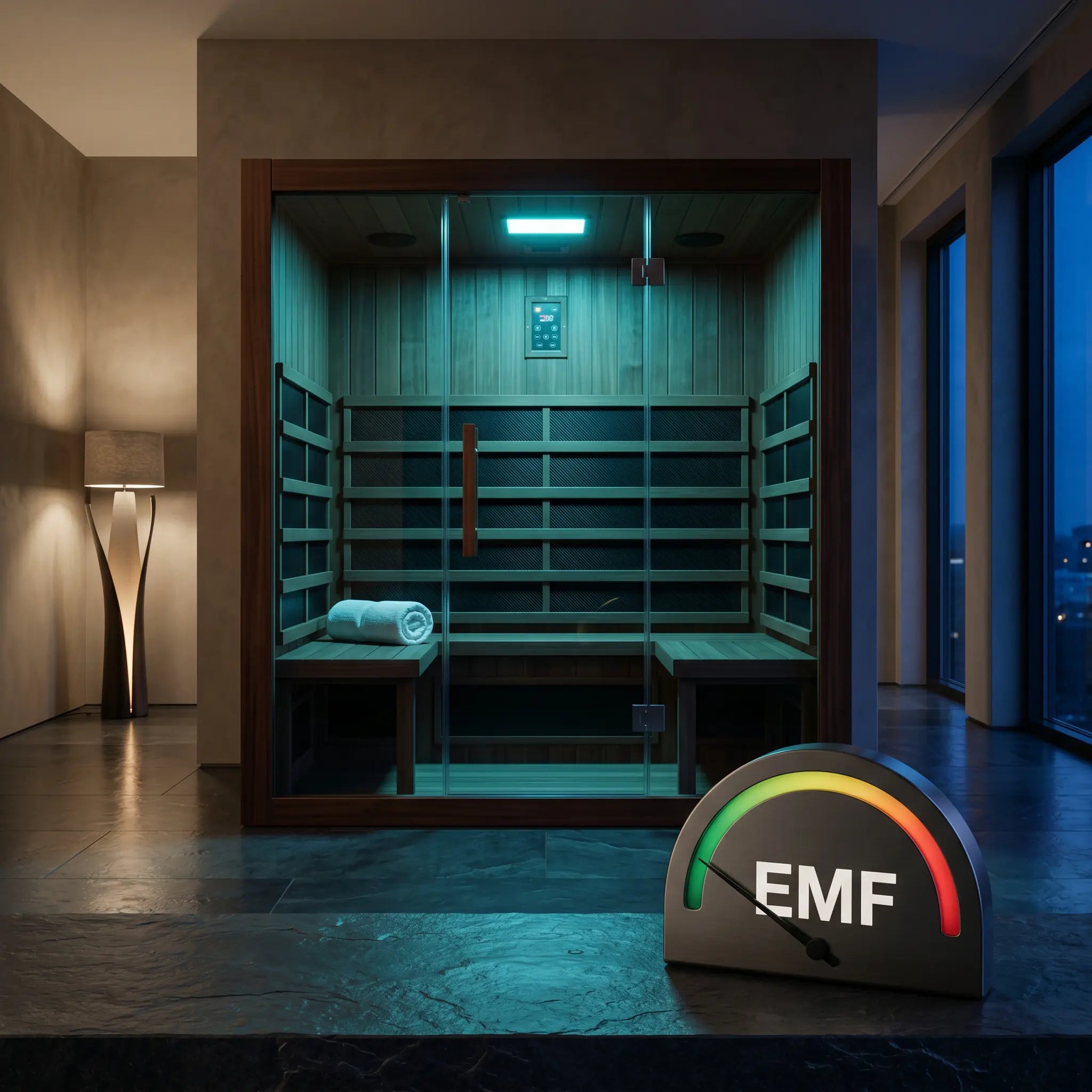 Ultra low EMF infrared sauna in dark cedar with an EMF gauge reading very low in the green zone