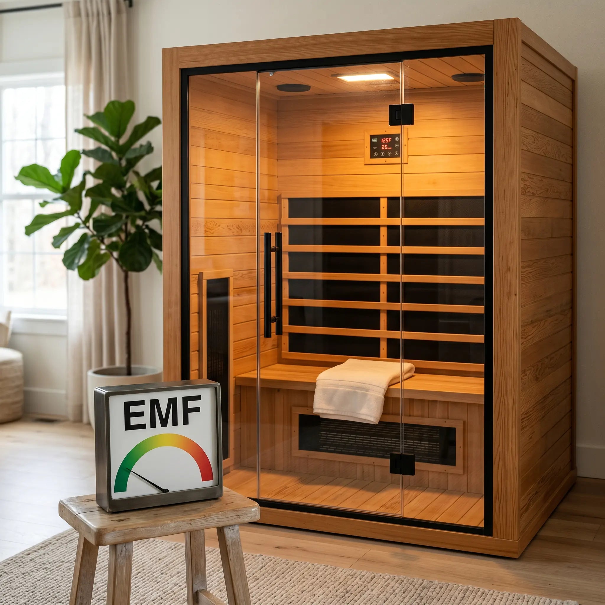 Low EMF infrared sauna with warm glow and a gauge needle in the green low zone in a modern home