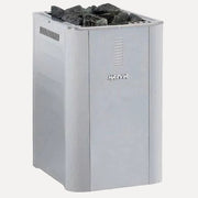 Harvia 20 Duo Wood-Burning Sauna Stove, front angled view on a white background with sauna stones stacked on top.