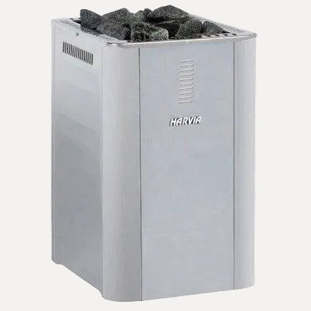 Harvia 36 Duo Wood-Burning Sauna Stove, front angled view on white background with sauna rocks loaded on top and logo plate.
