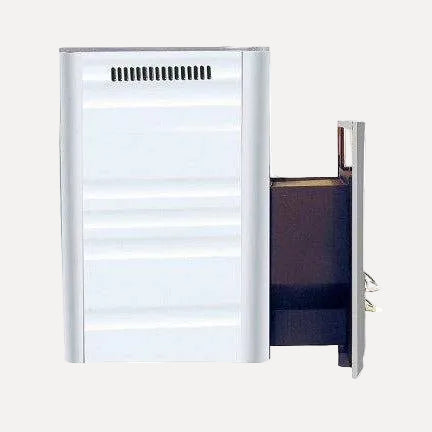 Harvia 36 Duo Wood-Burning Sauna Stove, side profile on white background showing front vents and rear firebox opening.
