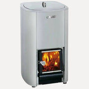 Harvia Cauldron 50 WP500 Wood-Burning Sauna Stove, front view on a white background showing the glass door with a lit wood fire.