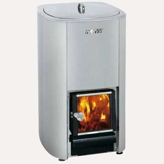 Harvia Cauldron 50 WP500 Wood-Burning Sauna Stove, front view on a white background showing the glass door with a lit wood fire.