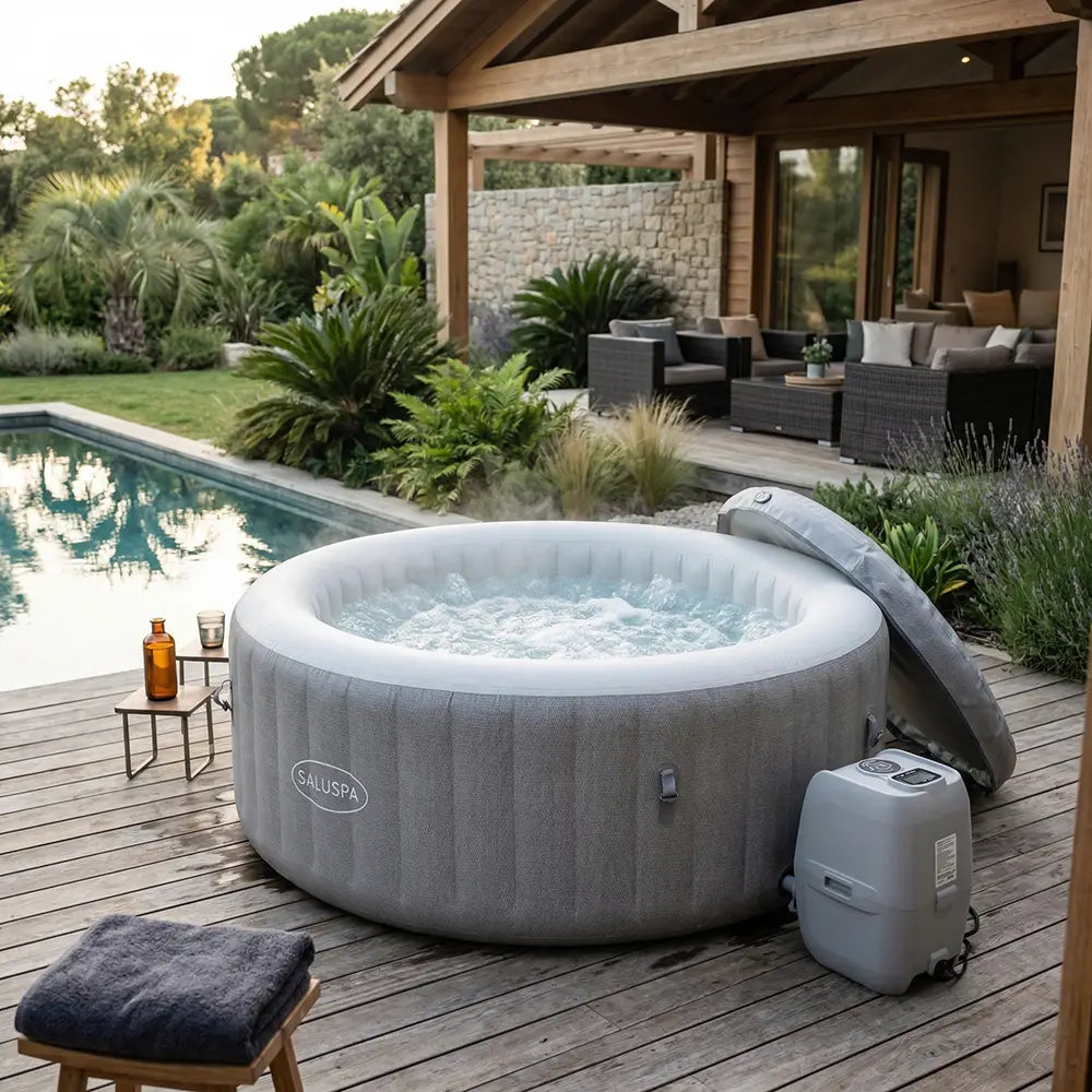 6 person inflatable hot tub bubbling on a poolside deck beside a covered patio.
