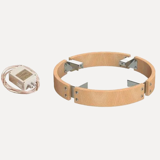 Harvia Cilindro LED Safety Railing for 6 & 8kW Sauna Heaters, wooden ring and power transformer on a white background.