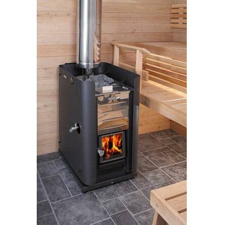 Harvia Pro 20 ES Wood-Burning Sauna Stove with Water Tank installed in a wood paneled sauna room with chimney pipe and visible flames inside.