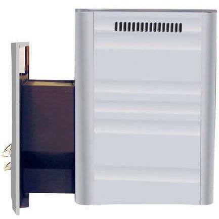 Harvia 20 Duo Wood-Burning Sauna Stove, side view with the outer panel open showing the dark firebox interior.