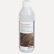 Harvia Paraffin Oil 500ml, front view of white bottle with screw cap on a plain gray background