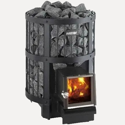 Harvia Legend 150 SL 16kW Wood-Burning Sauna Stove, front view on white background with glass door and stacked stones