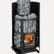 Harvia Legend WL200 Protective Wall Sheath, front view of the black wood burning stove with stacked stones and glass fire door, studio background.