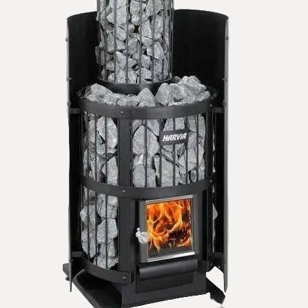 Harvia Legend WL200 Protective Wall Sheath, front view of the black wood burning stove with stacked stones and glass fire door, studio background.
