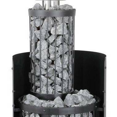 Harvia Legend WL300 Smoke Pipe Cover, close up of the stone filled wire cage sections on the stove with black side panels visible
