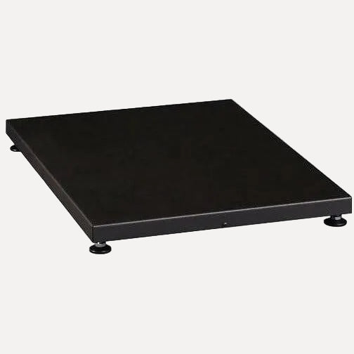 Harvia WL100 Sauna Stove Protective Floor Bedding, angled view of black metal base plate with adjustable feet on a white background