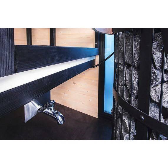 Harvia WP250LD Sauna Water Heater for Legend Stoves, 25 Liter, corner angle of the under bench faucet with cable and stone filled heater cage