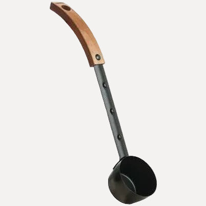 Harvia Legend Ladle SASPO101 Sauna Ladle, side profile view with curved wood handle and black steel scoop on a white background.