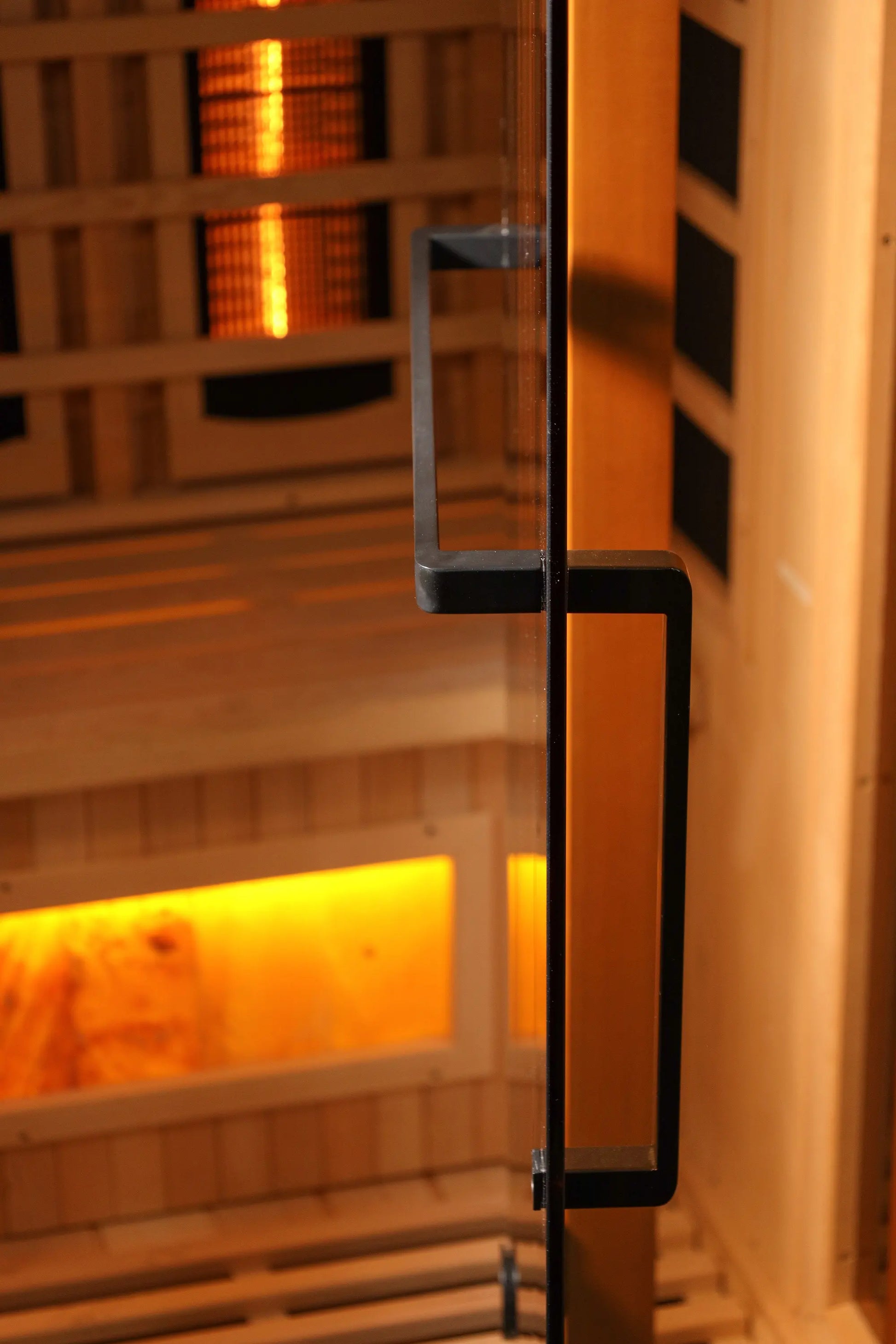 Black towel bar door handle on the Reserve 8000 series sauna