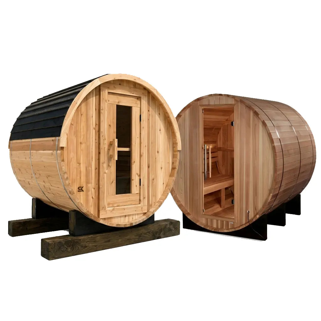 Barrel saunas category image with a cedar barrel sauna for outdoor use