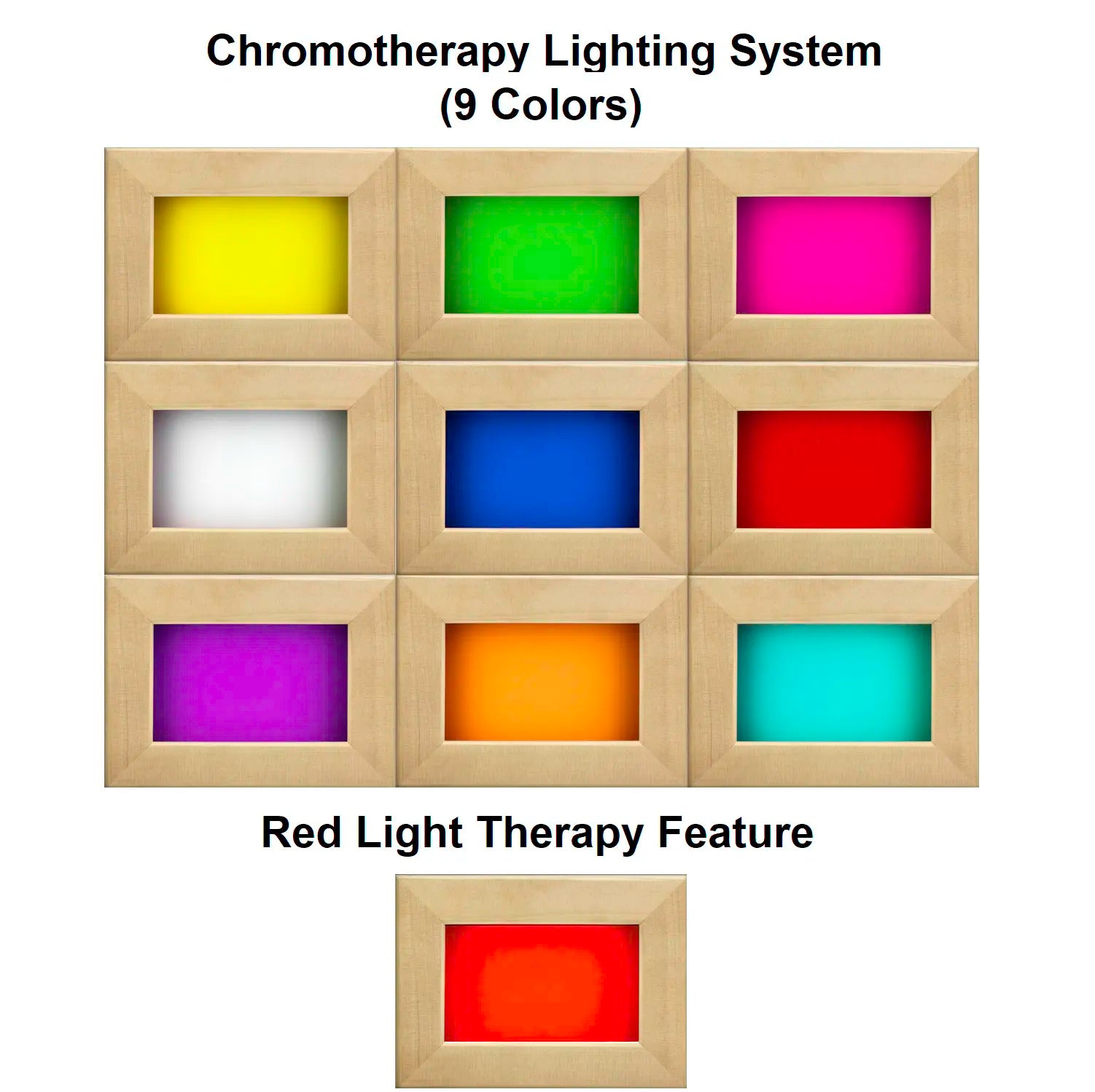 Chromotherapy lighting with 9 color options, shown in red, inside the Golden Designs Dynamic Santiago sauna