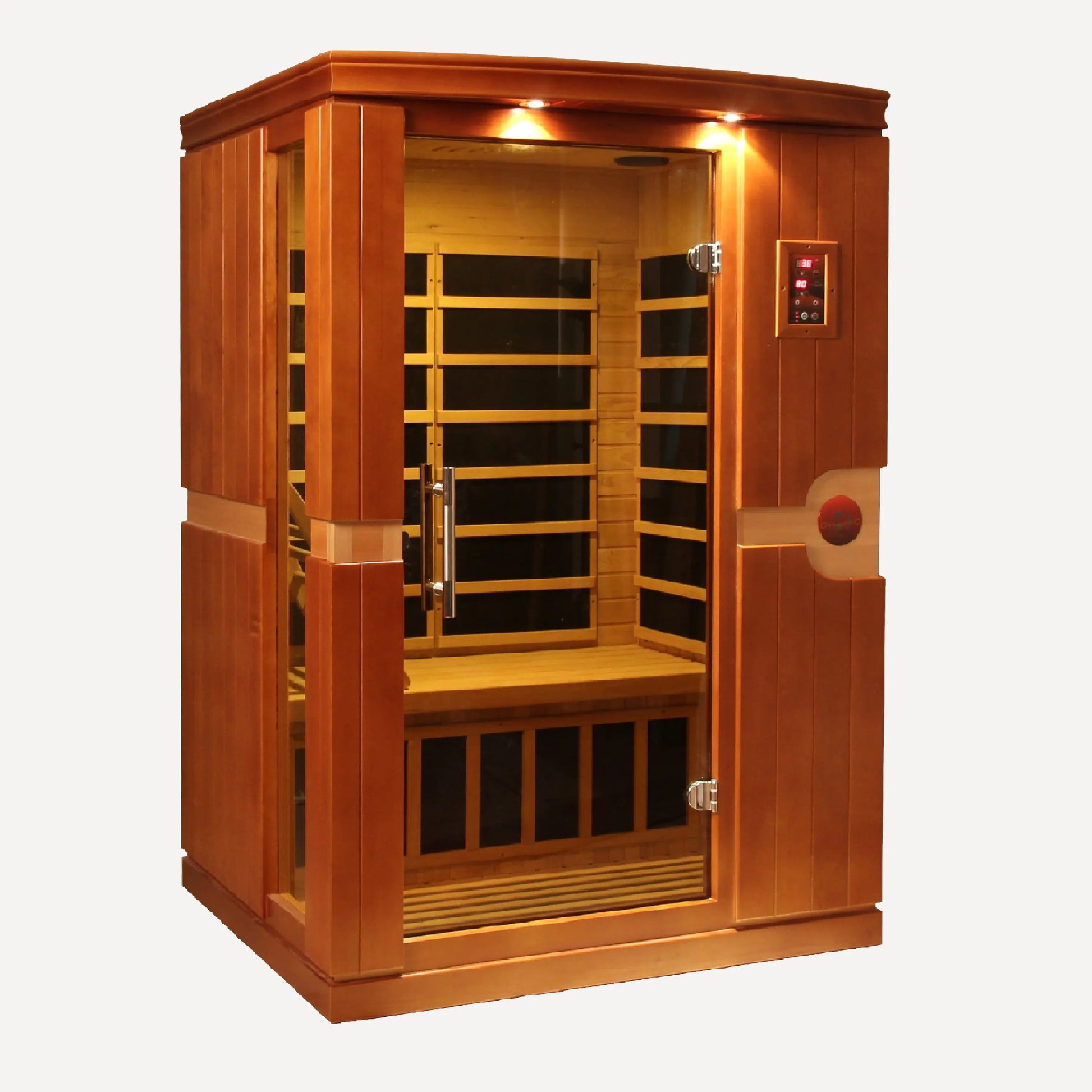 Golden Designs Dynamic Venice 2 person low EMF far infrared sauna styled in a modern home interior