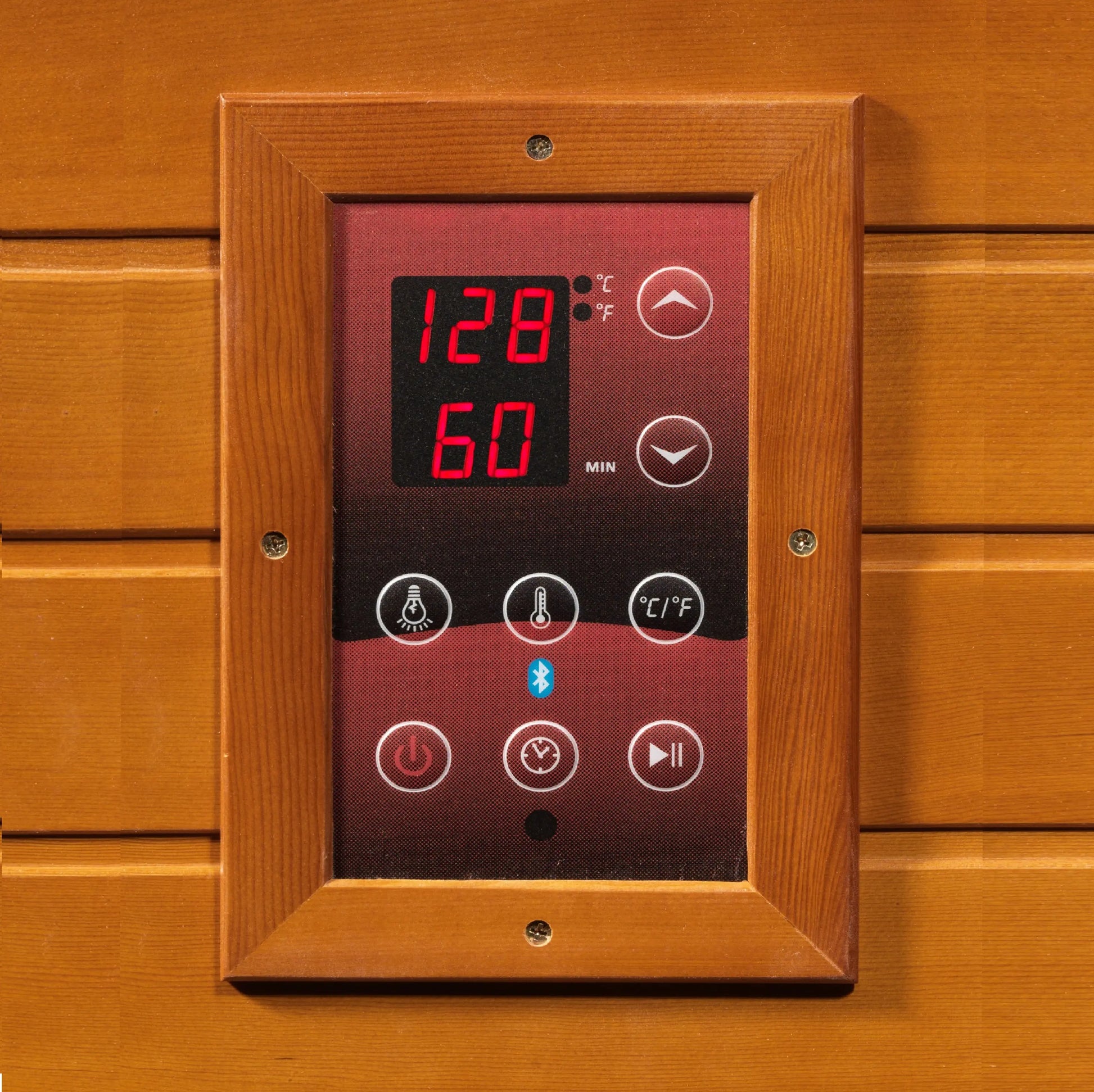 Interior LED control panel on the Golden Designs Dynamic Santiago infrared sauna