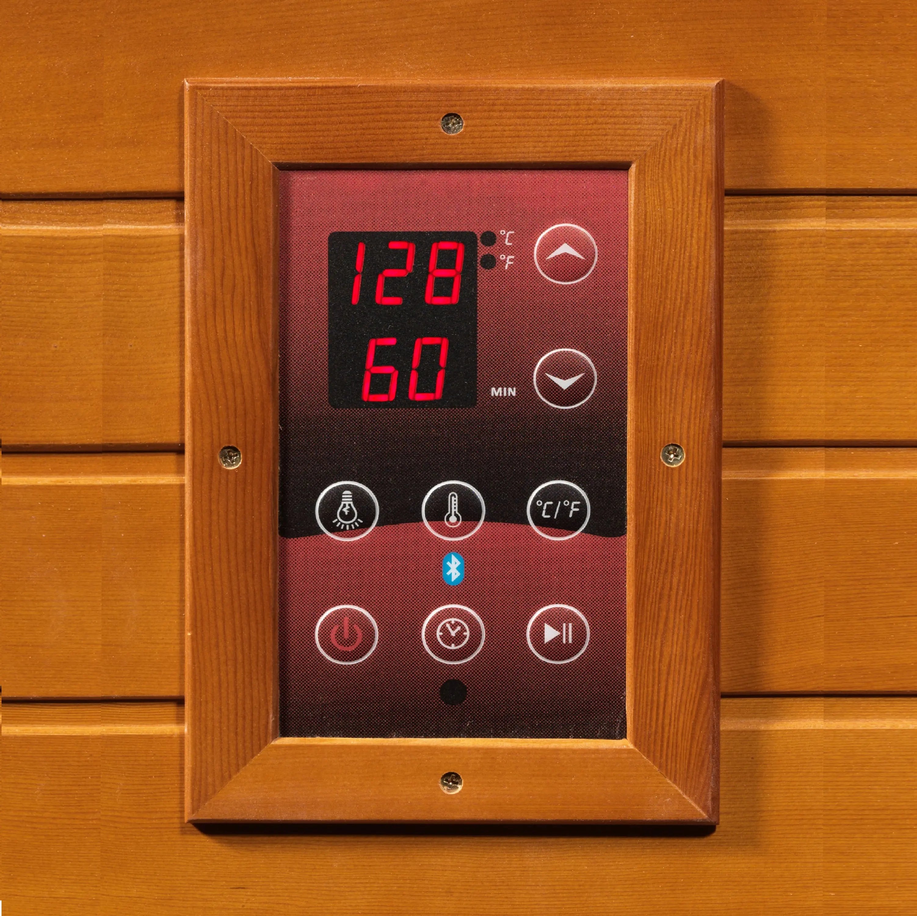 Interior LED control panel on the Golden Designs Dynamic Cordoba infrared sauna